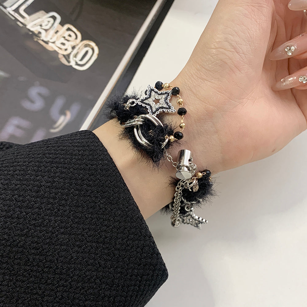 For Apple Watch Series 9 8 7 41mm / 6 5 4 SE (2022) SE (2023) SE 40mm / 3 2 1 38mm Adjustable Plush Watch Strap - Black+Silver For Apple Watch Series 9 8 7 41mm / 6 5 4 SE (2022) SE (2023) SE 40mm / 3 2 1 38mm Adjustable Plush Watch Strap - Black+Silver